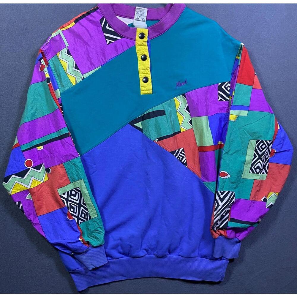 Vintage Women Large Head Sportwear Colorblock Art Deco Design Windbreaker Jacket